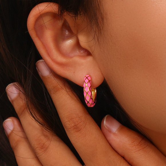 Light Pink Enamel Geometric Pattern Hoop Earrings 18K Gold Plated Stainless‎ - Picture 3 of 11